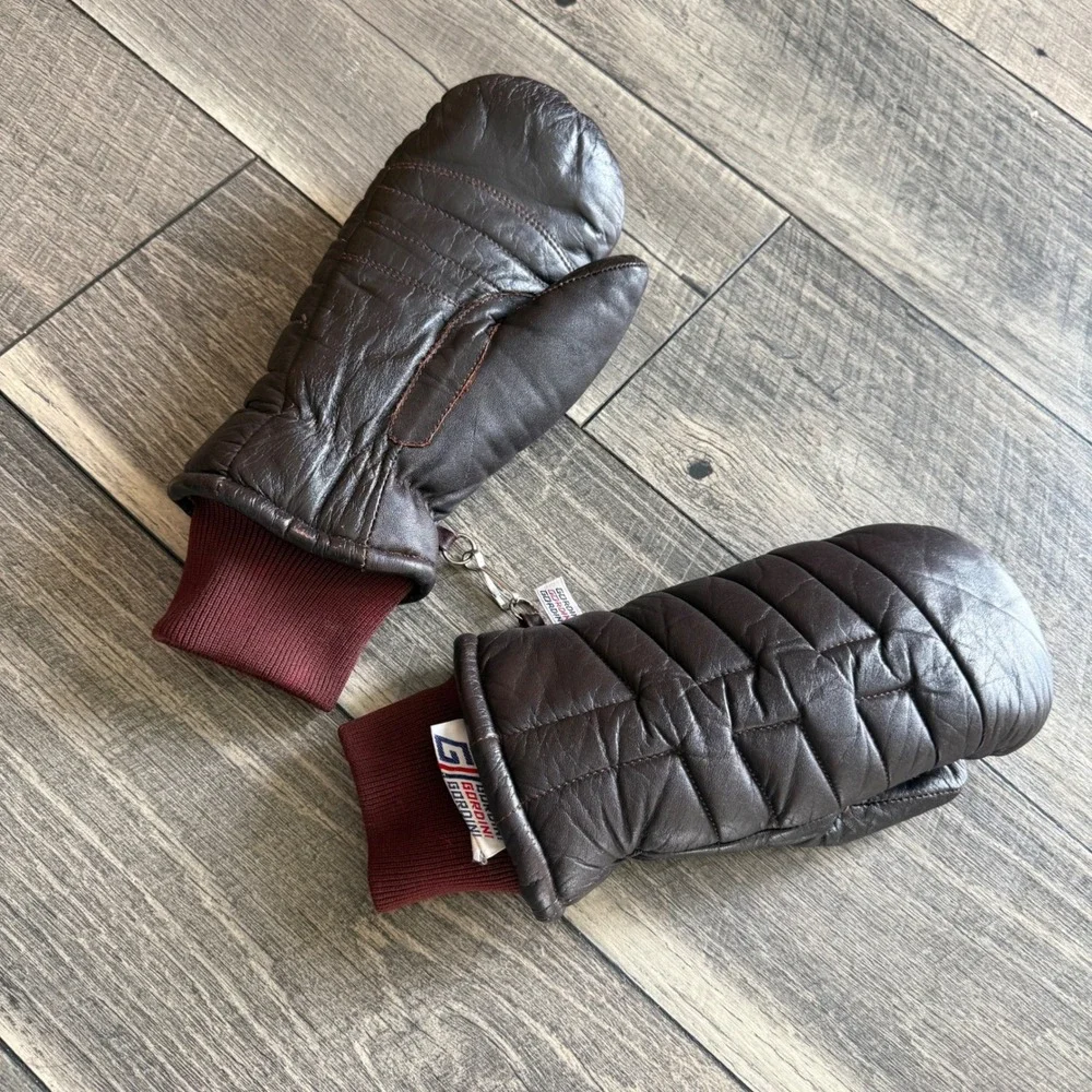 Gordini Vintage Brown Leather Quilted Mittens Women Small Burgundy Knit Cuff